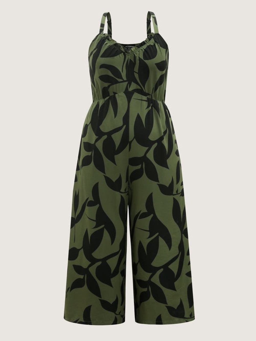 Chicme Olive Green Leaf-Print Wide-Leg Jumpsuit